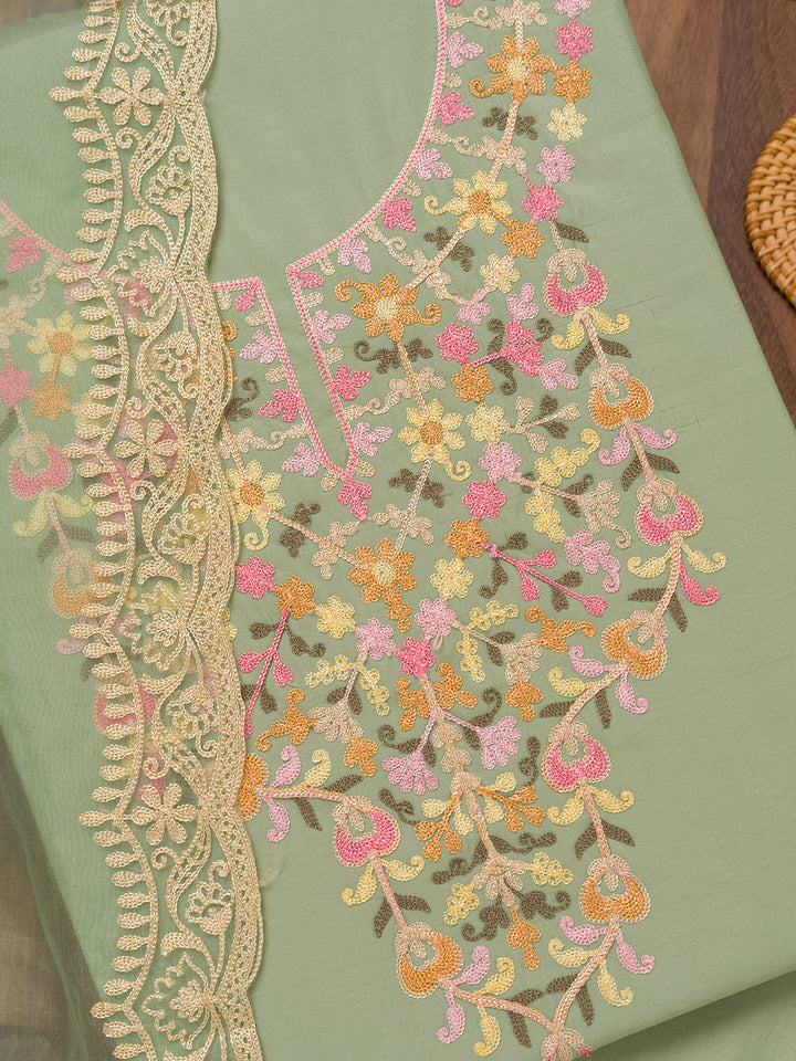 Pista Green Threadwork Semi Crepe Unstitched Salwar Suit