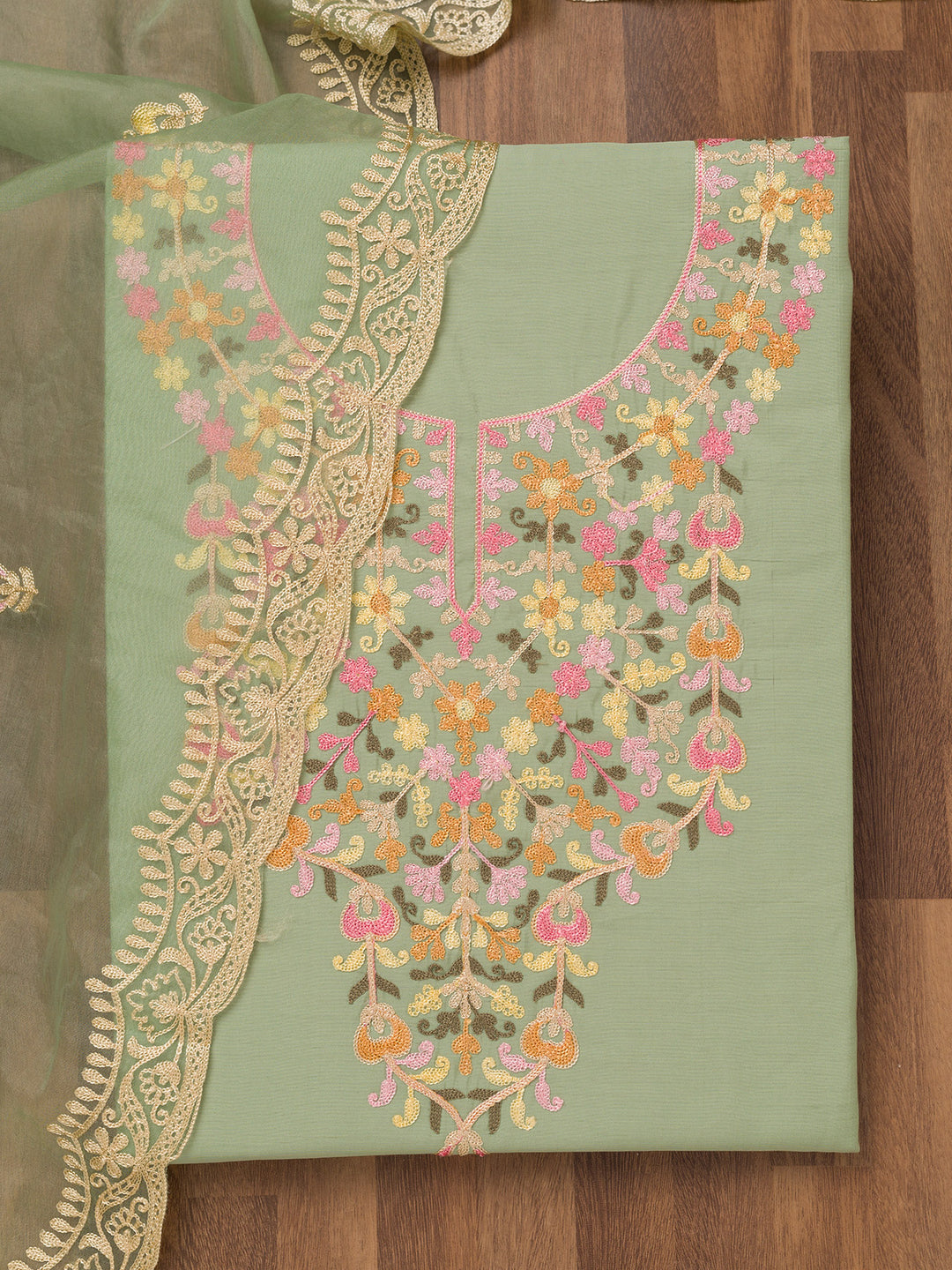 Pista Green Threadwork Semi Crepe Unstitched Salwar Suit