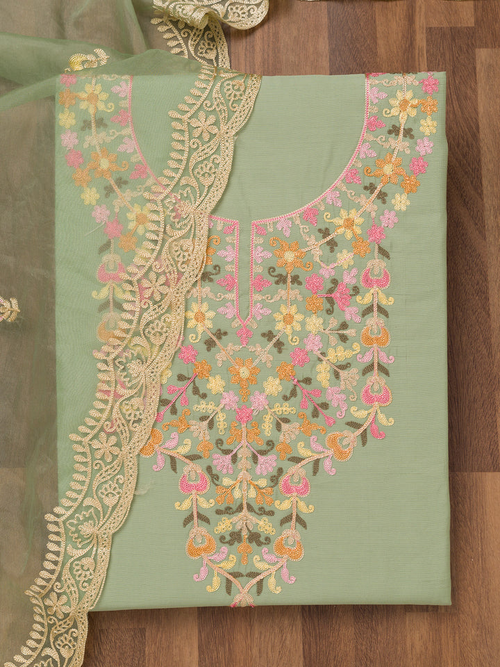 Pista Green Threadwork Semi Crepe Unstitched Salwar Suit