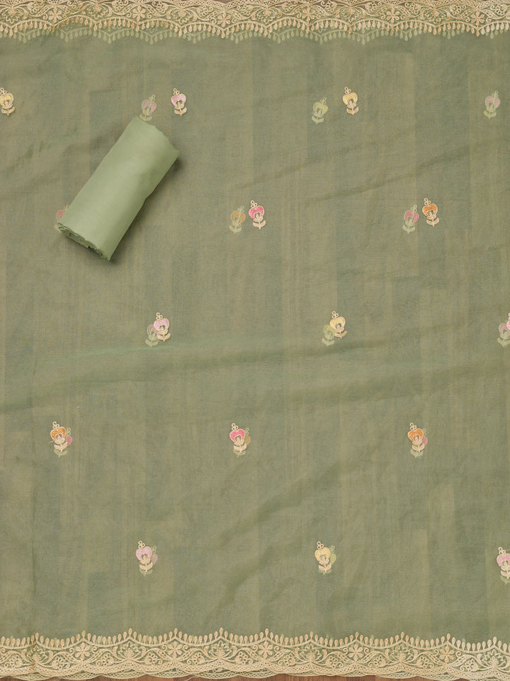 Pista Green Threadwork Semi Crepe Unstitched Salwar Suit