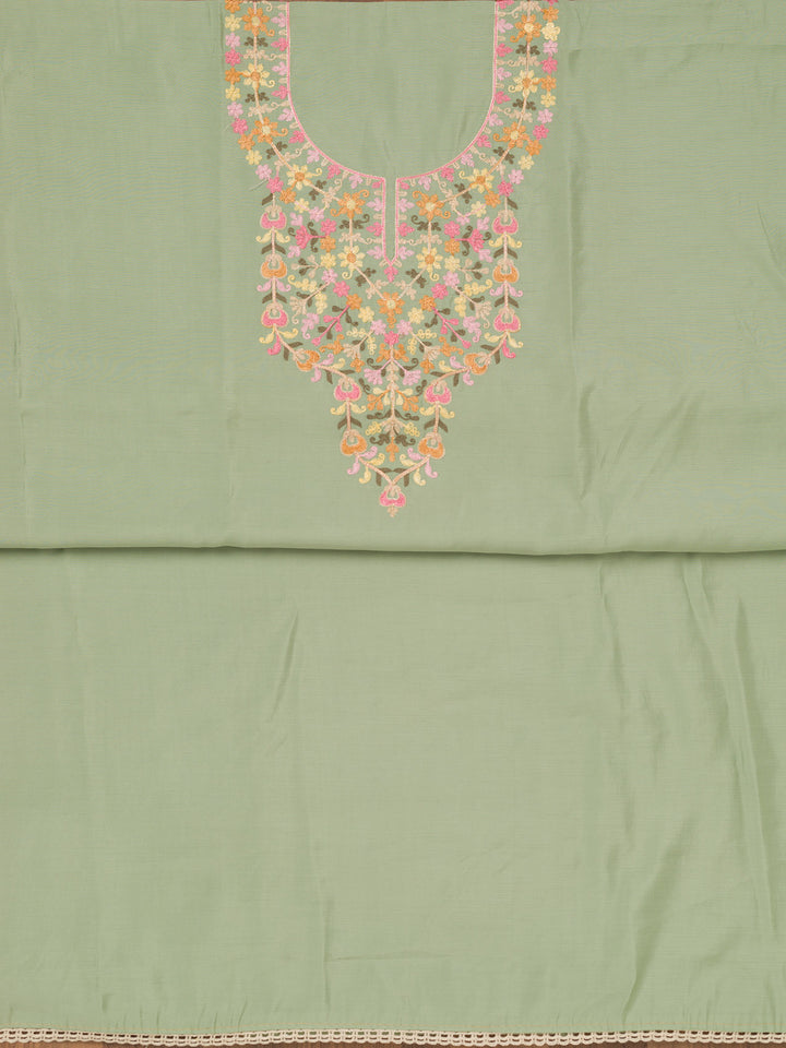 Pista Green Threadwork Semi Crepe Unstitched Salwar Suit