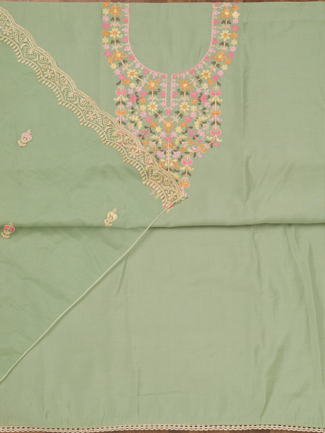 Pista Green Threadwork Semi Crepe Unstitched Salwar Suit