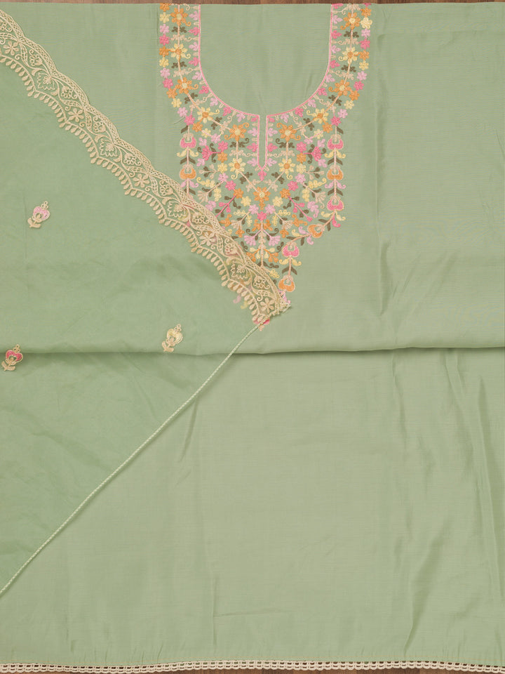 Pista Green Threadwork Semi Crepe Unstitched Salwar Suit