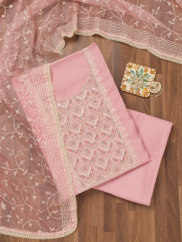 Baby Pink Threadwork Chanderi Unstitched Salwar Suit
