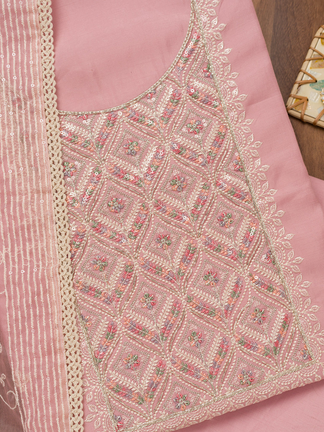 Baby Pink Threadwork Chanderi Unstitched Salwar Suit