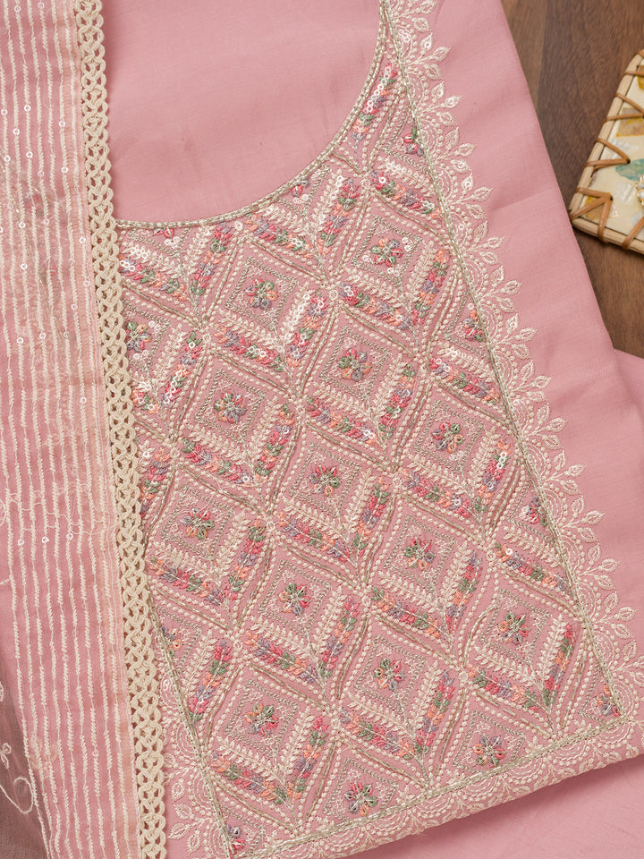 Baby Pink Threadwork Chanderi Unstitched Salwar Suit