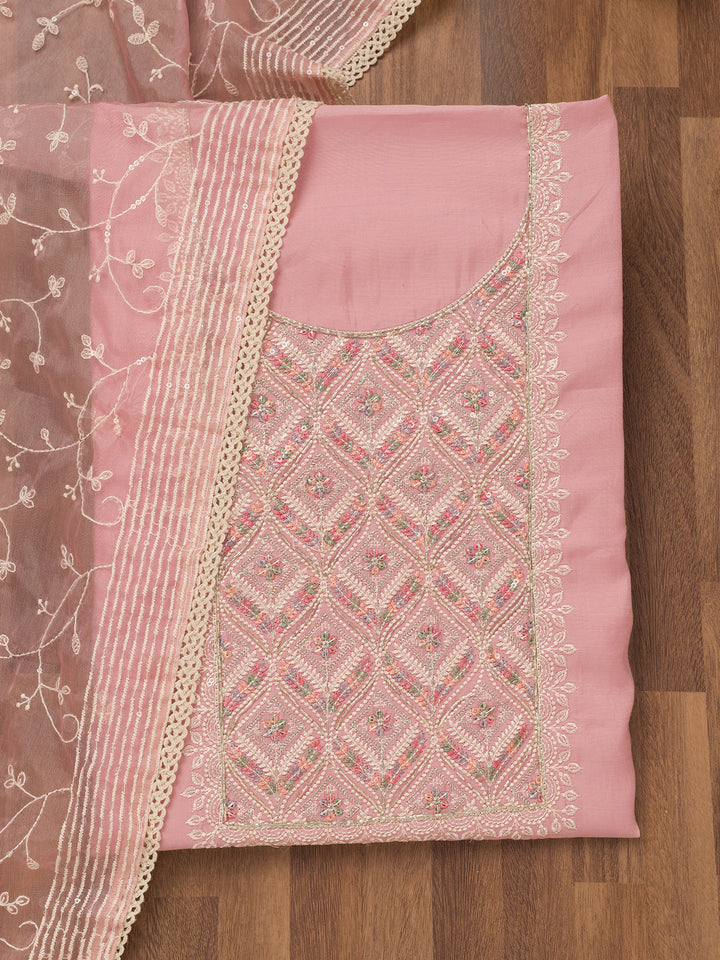Baby Pink Threadwork Chanderi Unstitched Salwar Suit