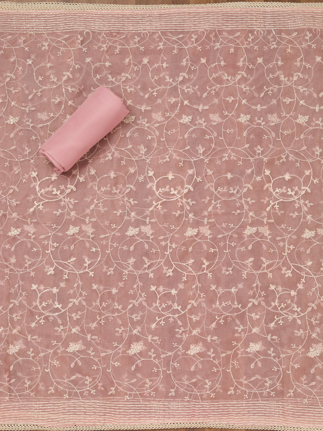 Baby Pink Threadwork Chanderi Unstitched Salwar Suit