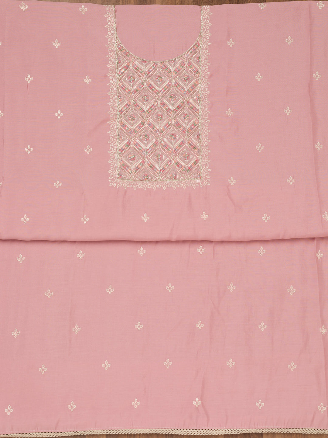 Baby Pink Threadwork Chanderi Unstitched Salwar Suit