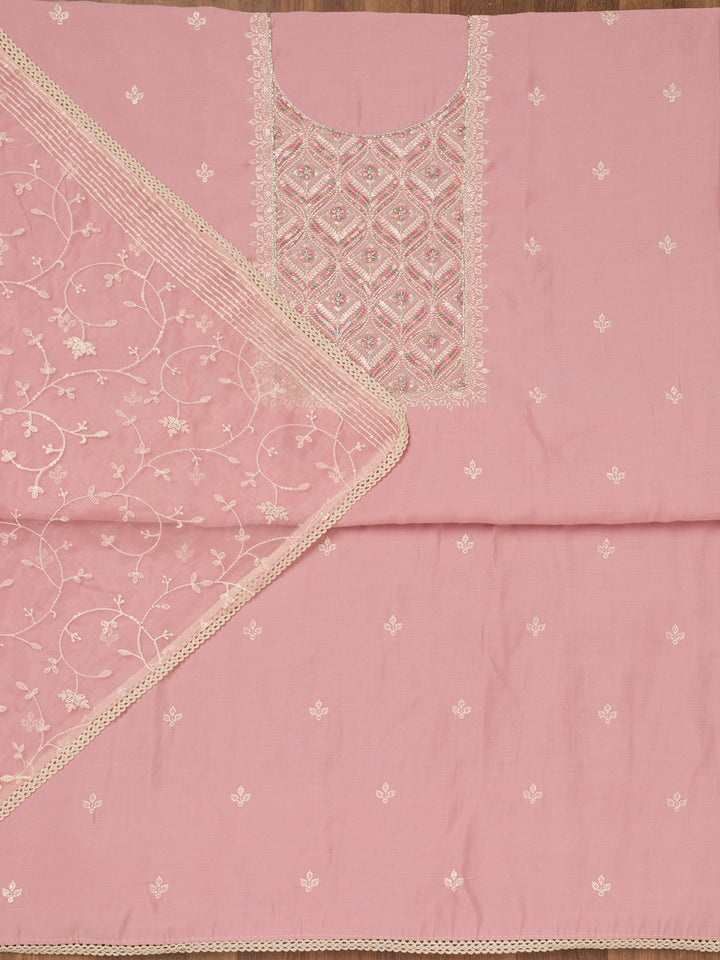 Baby Pink Threadwork Chanderi Unstitched Salwar Suit