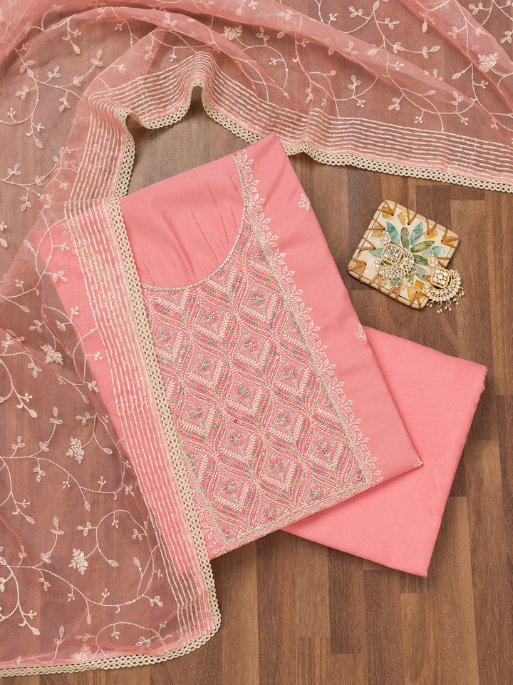 Pink Threadwork Chanderi Unstitched Salwar Suit