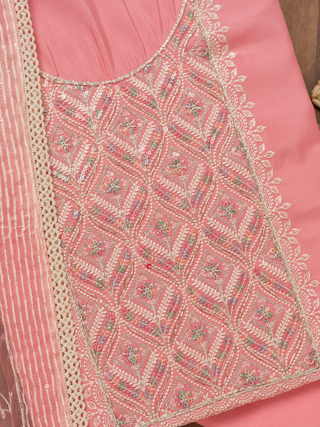 Pink Threadwork Chanderi Unstitched Salwar Suit