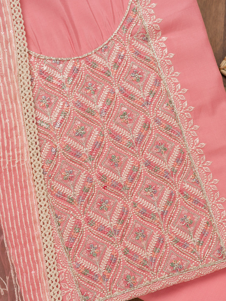 Pink Threadwork Chanderi Unstitched Salwar Suit