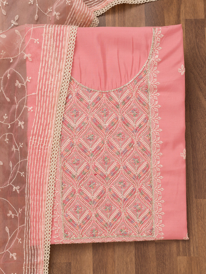 Pink Threadwork Chanderi Unstitched Salwar Suit