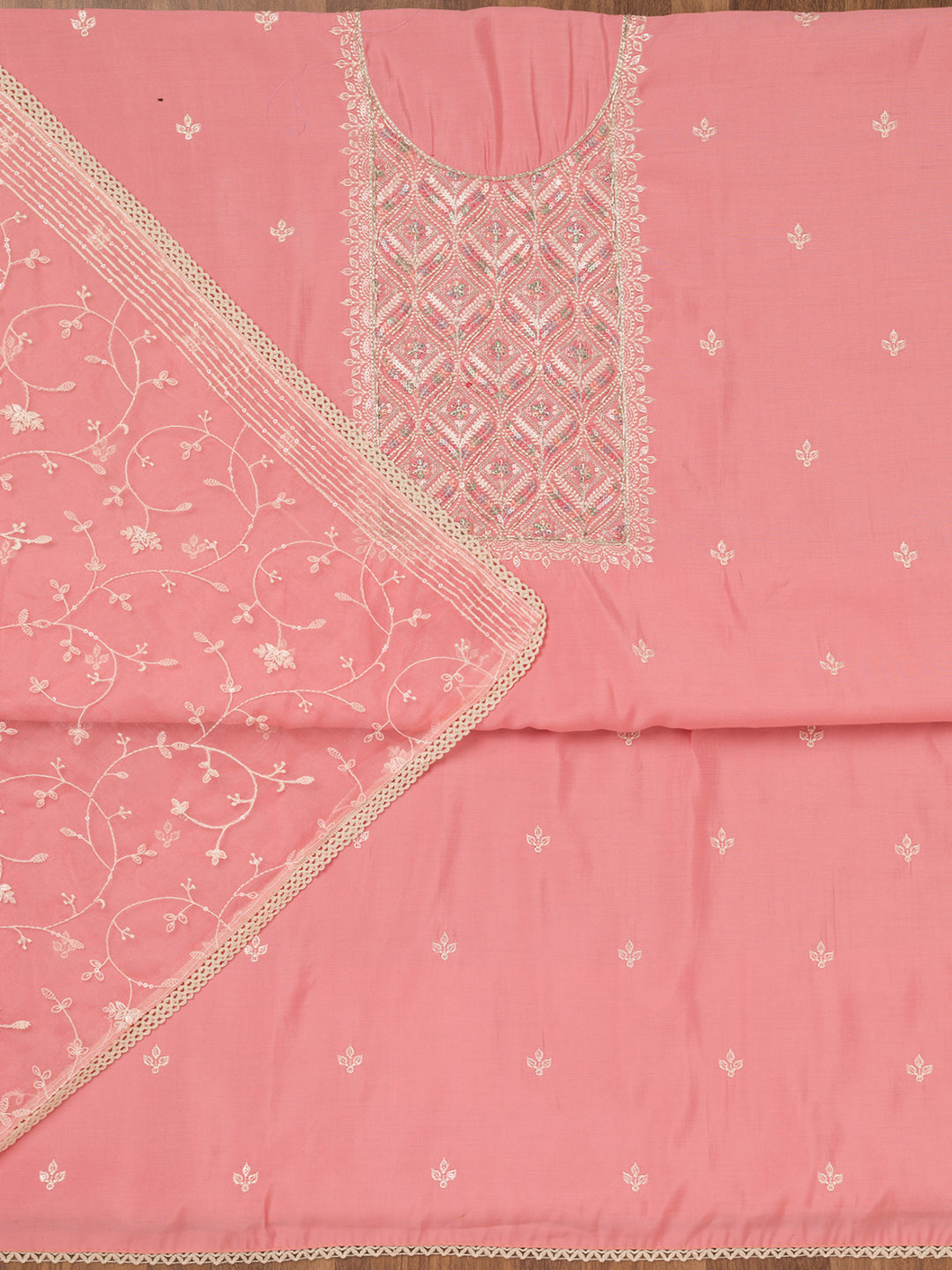 Pink Threadwork Chanderi Unstitched Salwar Suit