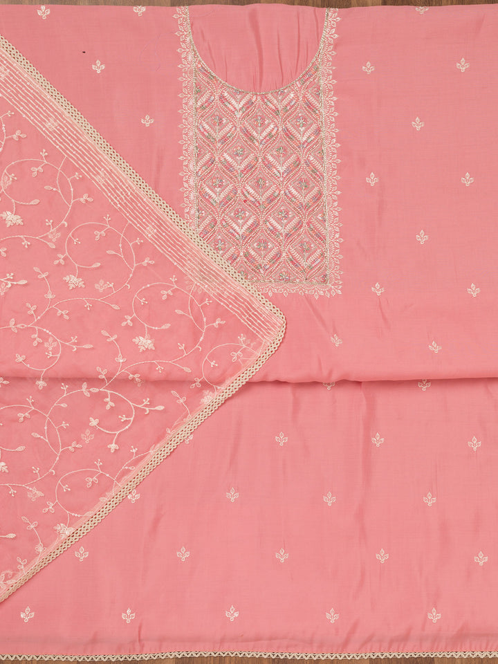 Pink Threadwork Chanderi Unstitched Salwar Suit