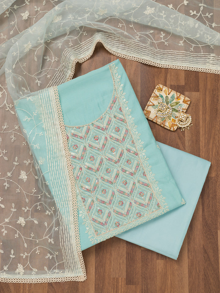 Sky Blue Threadwork Chanderi Unstitched Salwar Suit