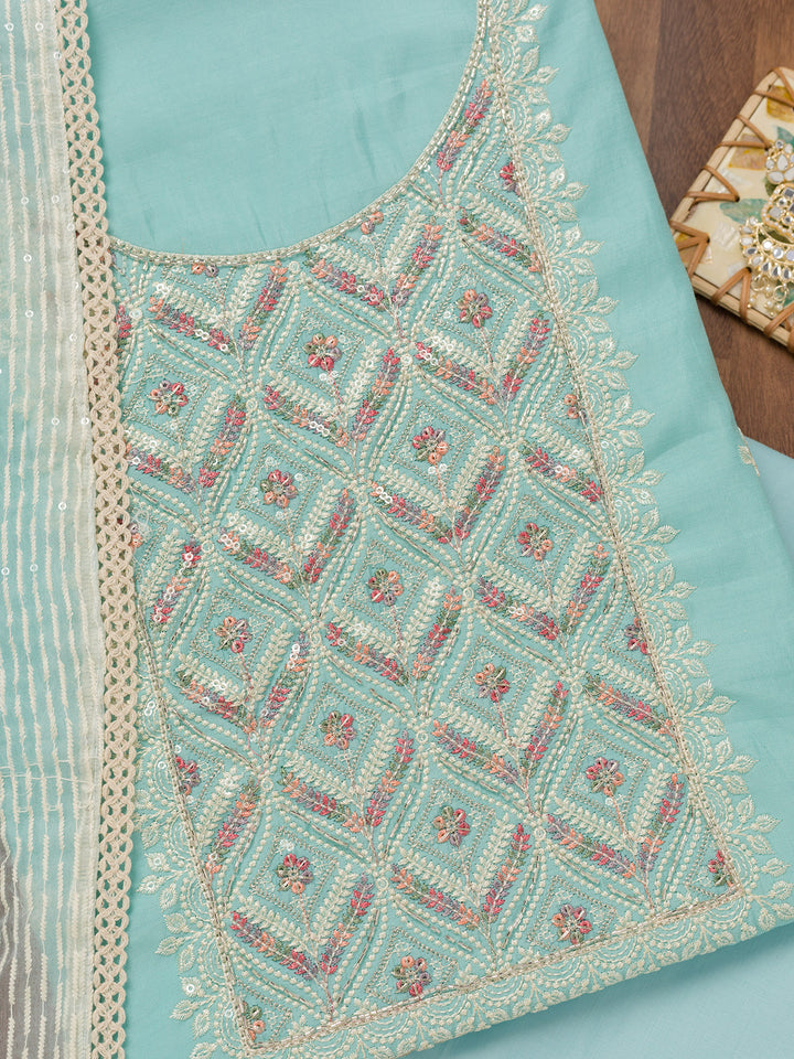 Sky Blue Threadwork Chanderi Unstitched Salwar Suit
