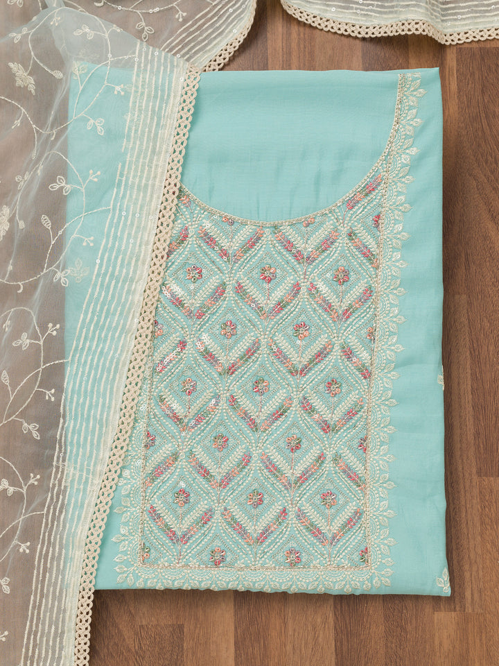Sky Blue Threadwork Chanderi Unstitched Salwar Suit