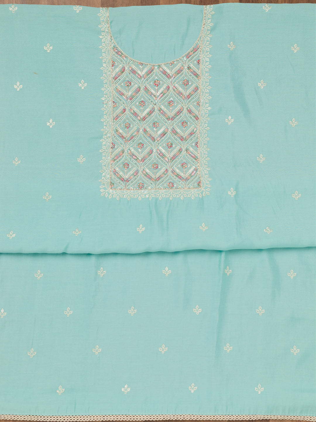 Sky Blue Threadwork Chanderi Unstitched Salwar Suit