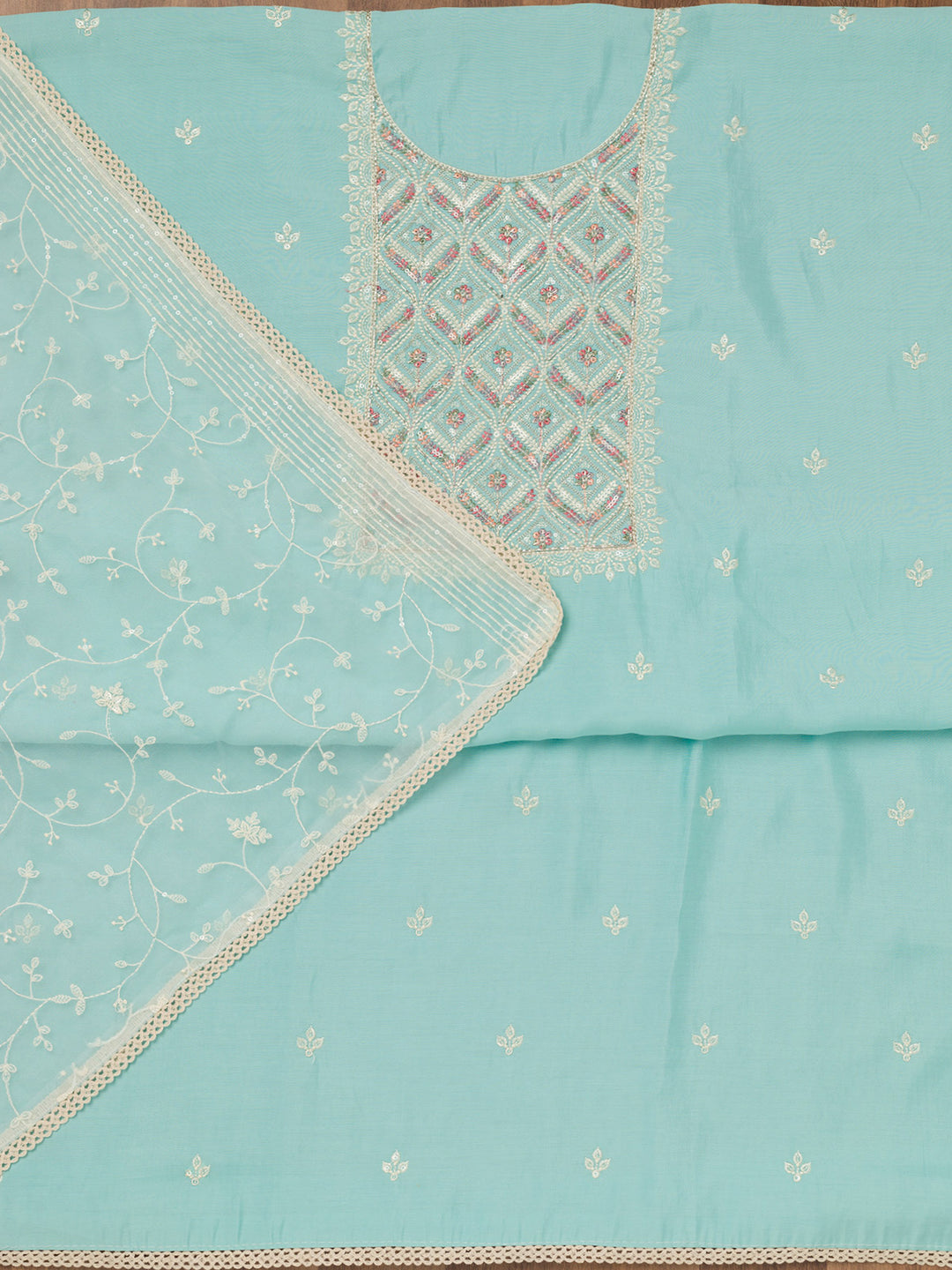 Sky Blue Threadwork Chanderi Unstitched Salwar Suit