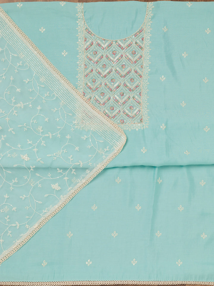 Sky Blue Threadwork Chanderi Unstitched Salwar Suit
