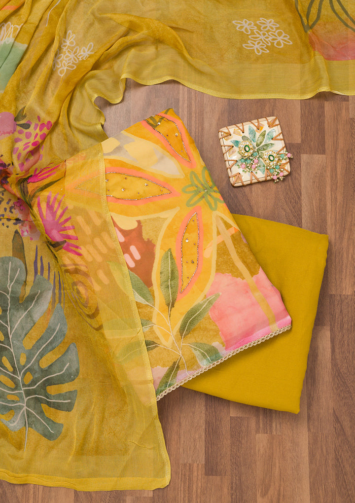 Lemon Yellow Printed Tissue Unstitched Salwar Suit