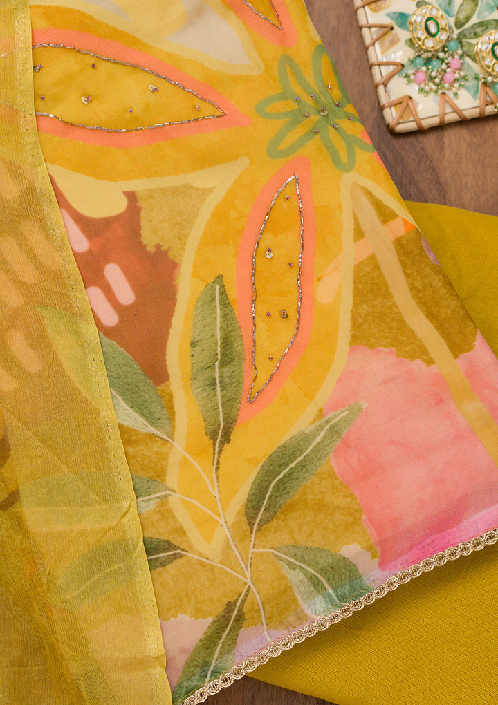 Lemon Yellow Printed Tissue Unstitched Salwar Suit