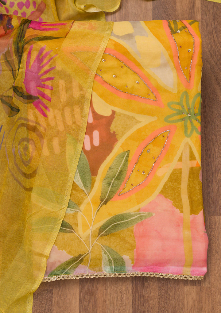 Lemon Yellow Printed Tissue Unstitched Salwar Suit