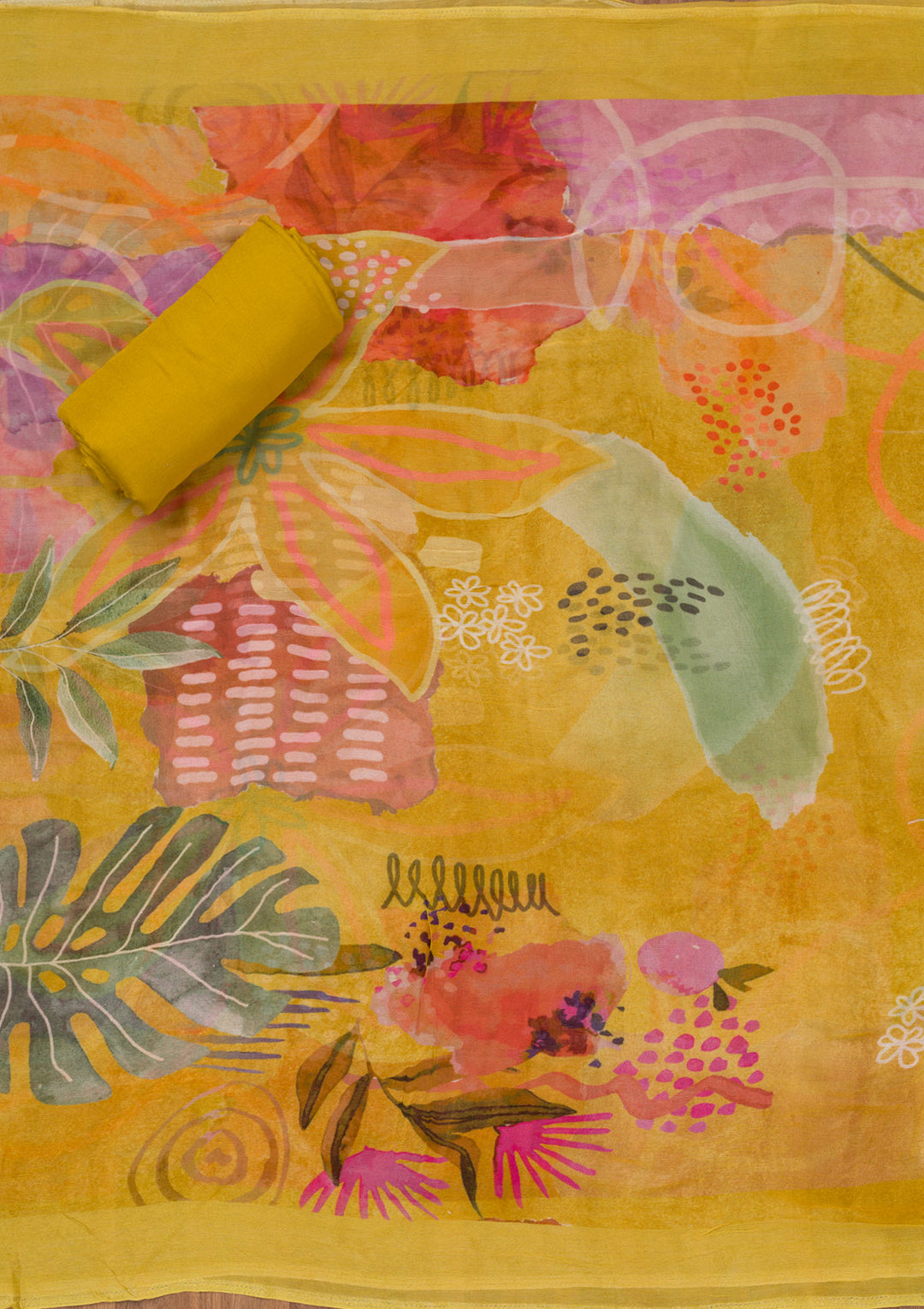 Lemon Yellow Printed Tissue Unstitched Salwar Suit