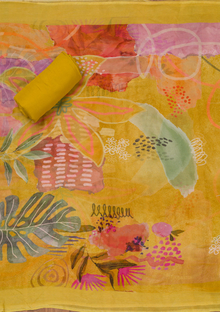 Lemon Yellow Printed Tissue Unstitched Salwar Suit