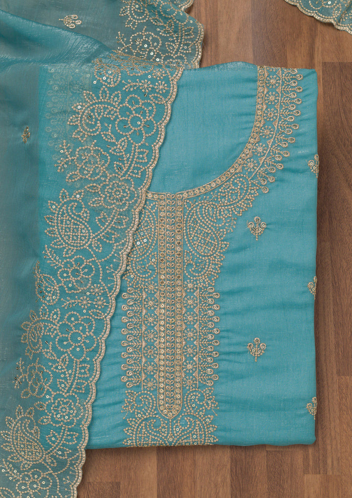 Sky Blue Zariwork Georgette Unstitched Salwar Suit