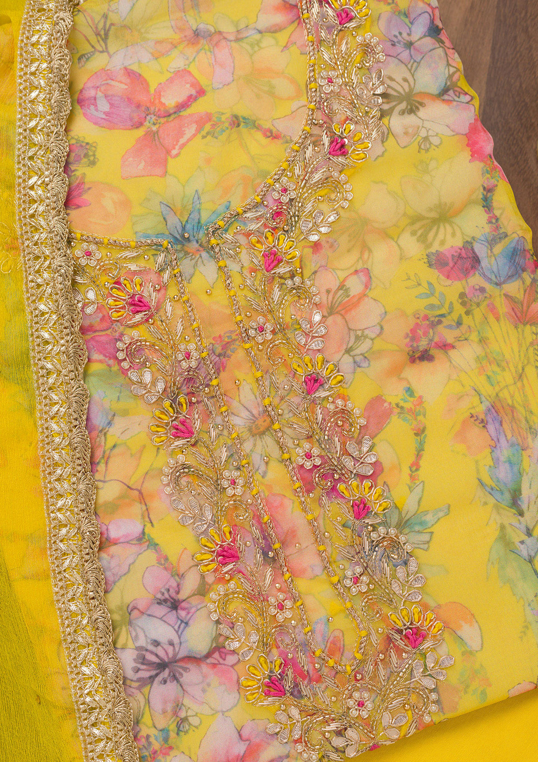 Yellow Stonework Tissue Unstitched Salwar Suit
