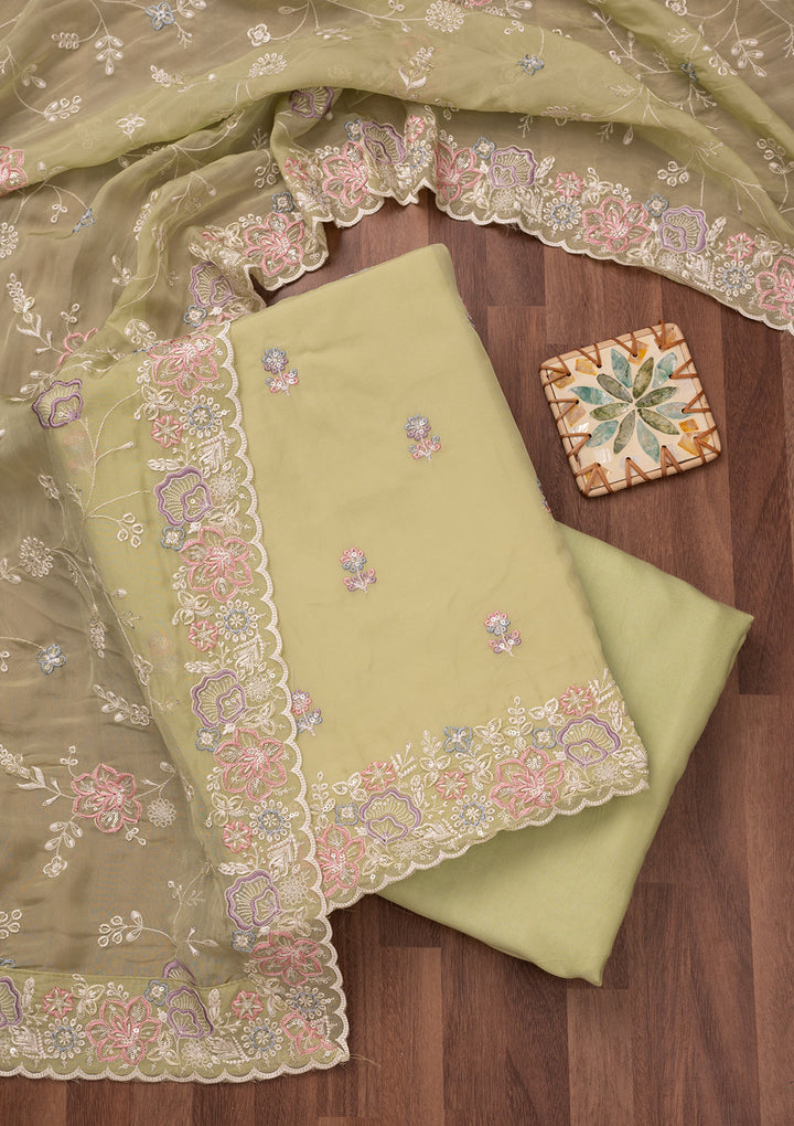 Pista Green Zariwork Semi Crepe Unstitched Salwar Suit