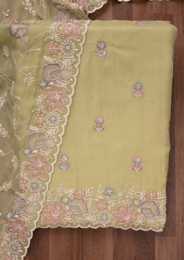 Pista Green Zariwork Semi Crepe Unstitched Salwar Suit