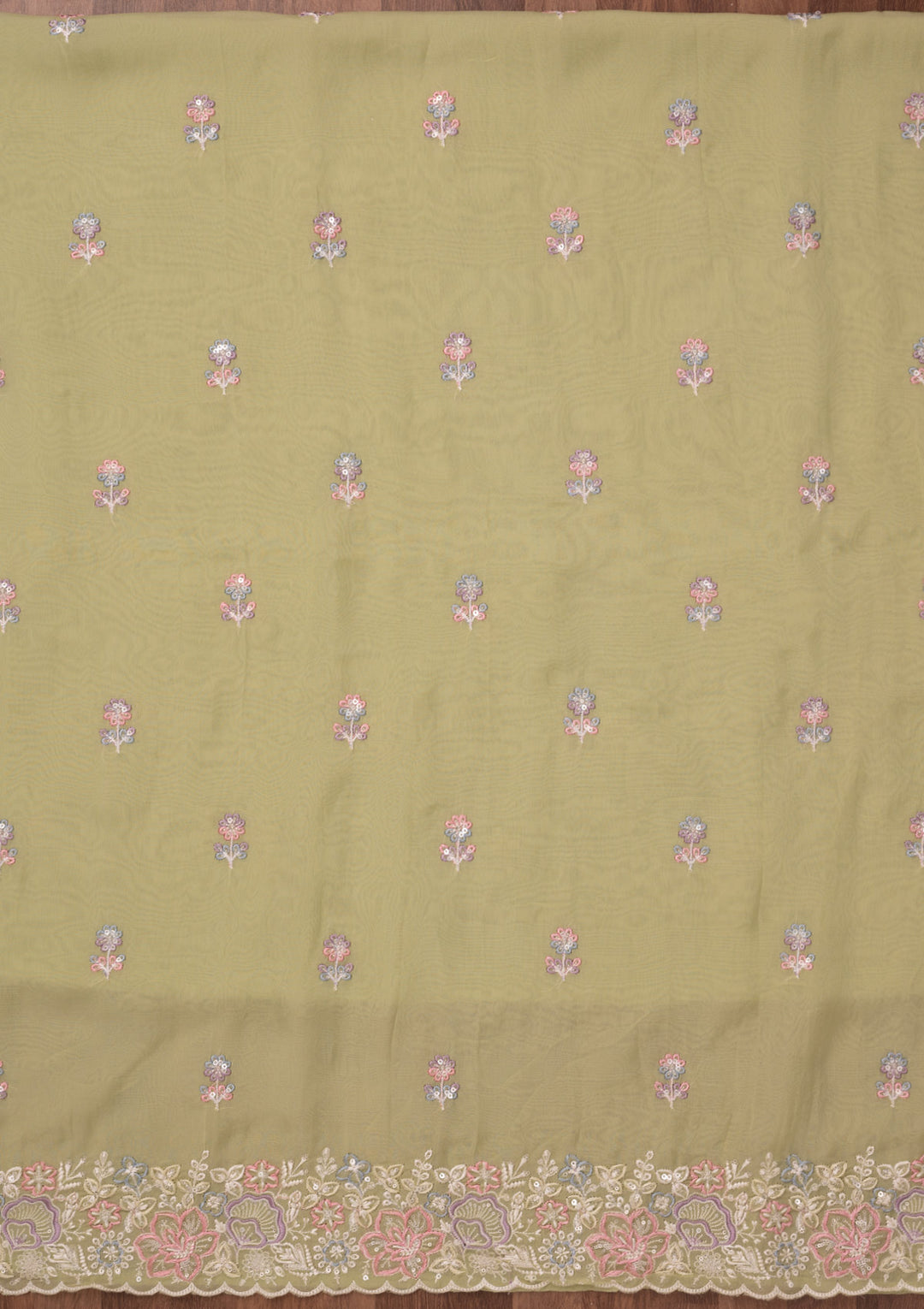 Pista Green Zariwork Semi Crepe Unstitched Salwar Suit