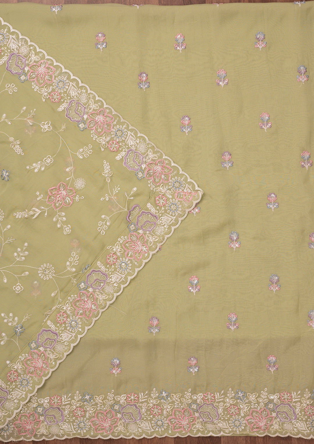 Pista Green Zariwork Semi Crepe Unstitched Salwar Suit