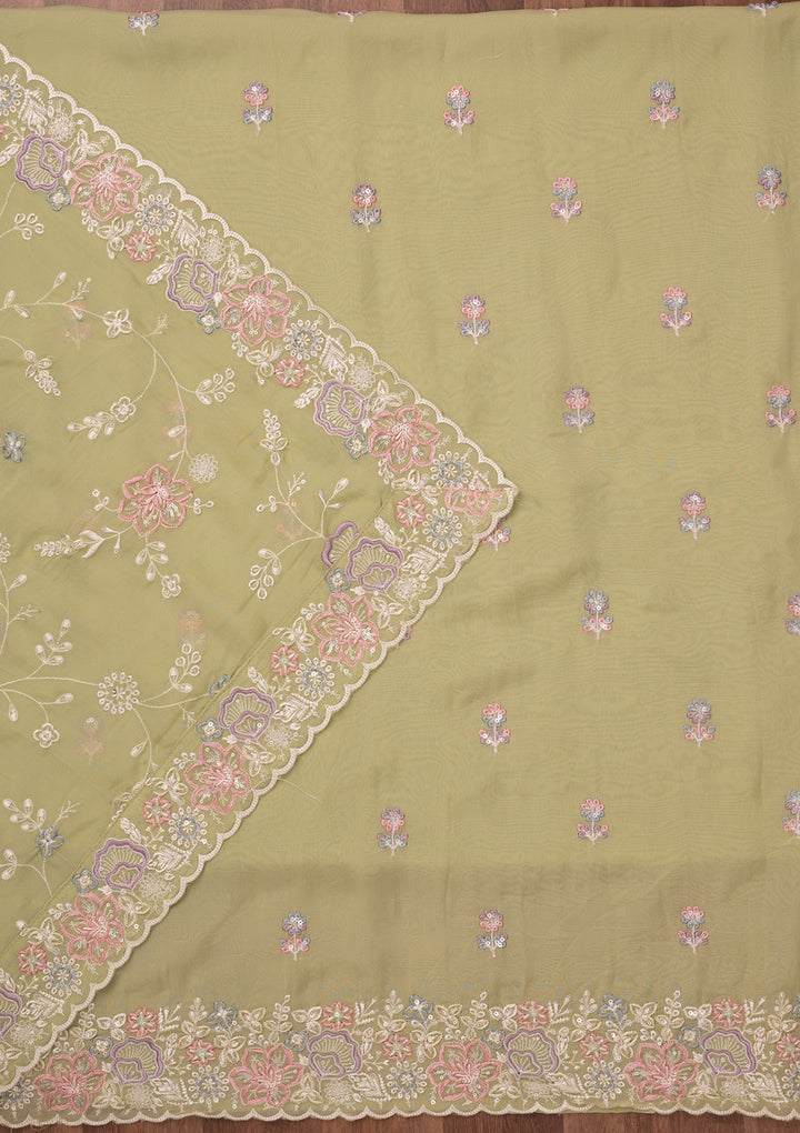 Pista Green Zariwork Semi Crepe Unstitched Salwar Suit