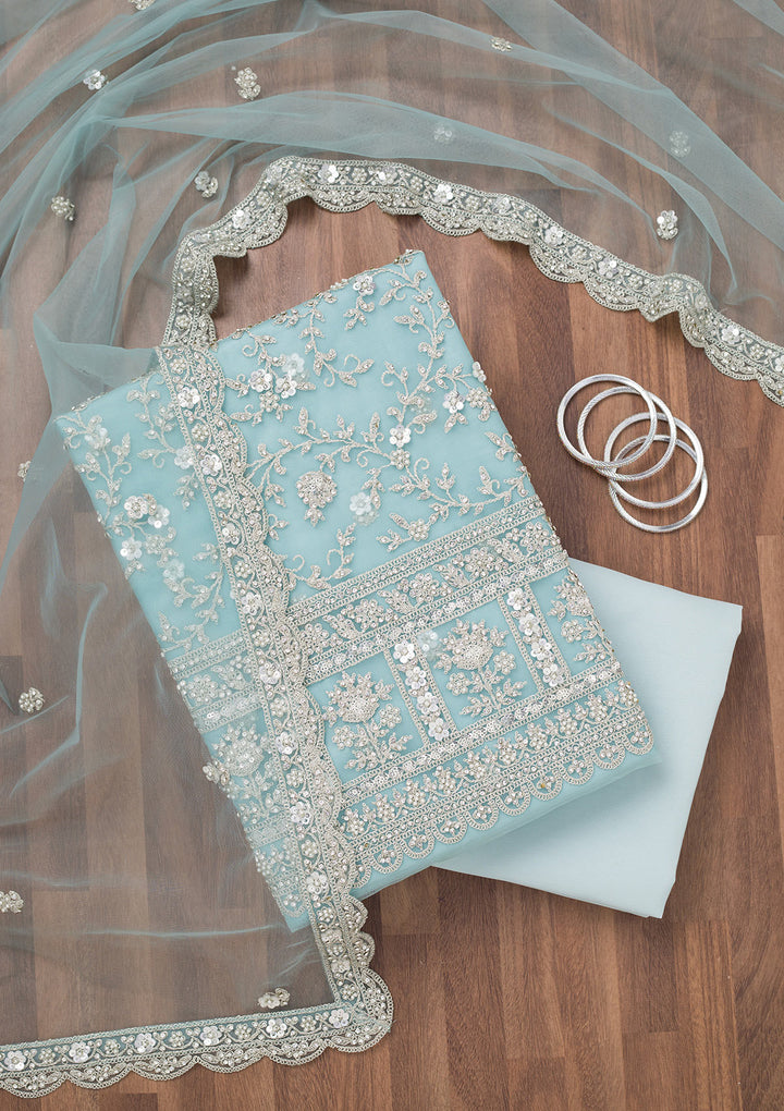 Sky Blue Stonework Net Unstitched Salwar Suit