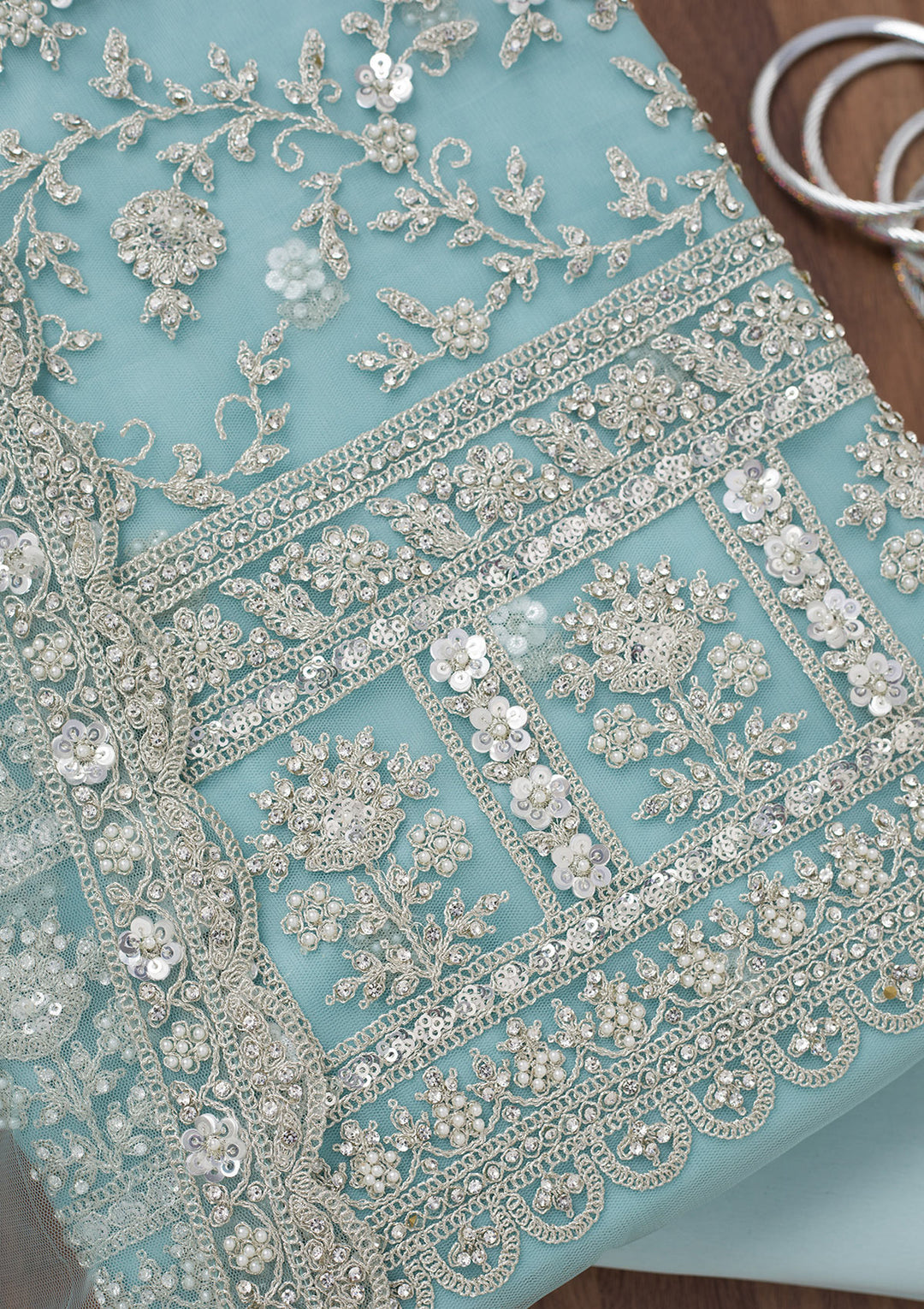 Sky Blue Stonework Net Unstitched Salwar Suit