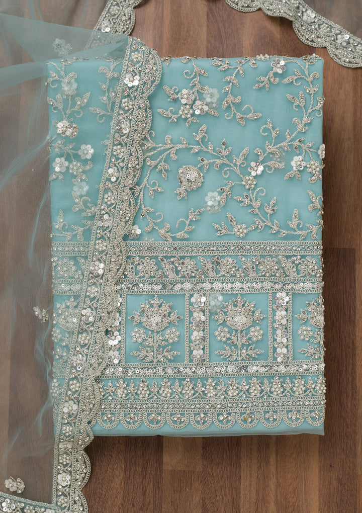Sky Blue Stonework Net Unstitched Salwar Suit