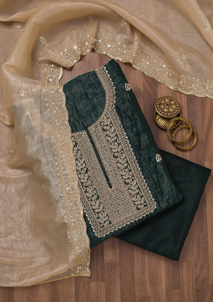 Bottle Green Threadwork Semi Crepe Unstitched Salwar Suit