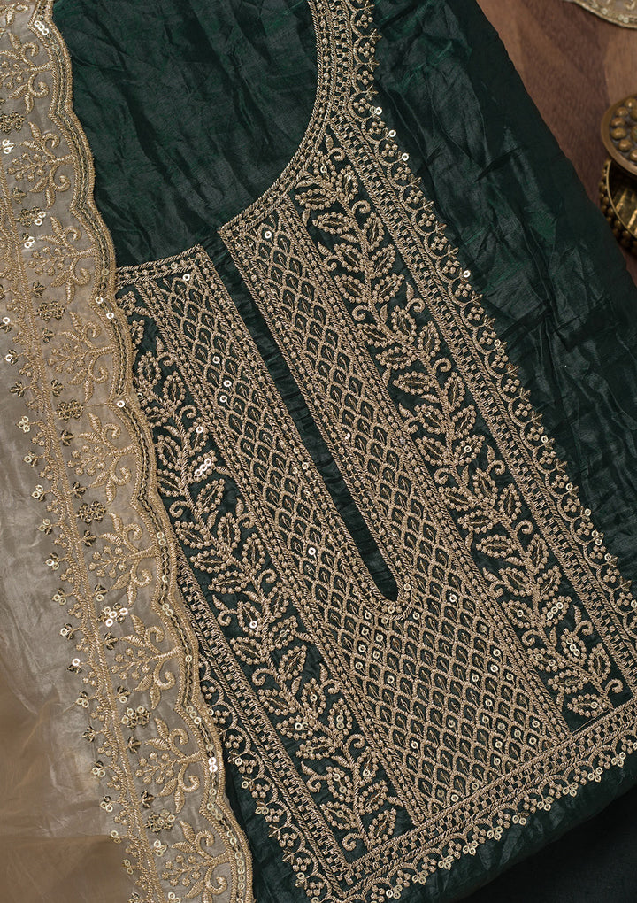 Bottle Green Threadwork Semi Crepe Unstitched Salwar Suit