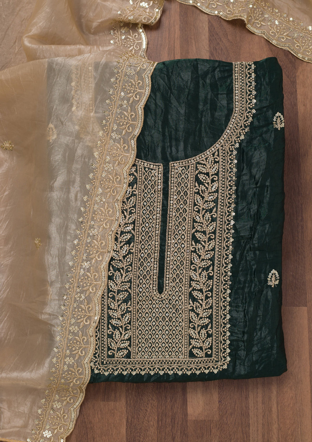 Bottle Green Threadwork Semi Crepe Unstitched Salwar Suit