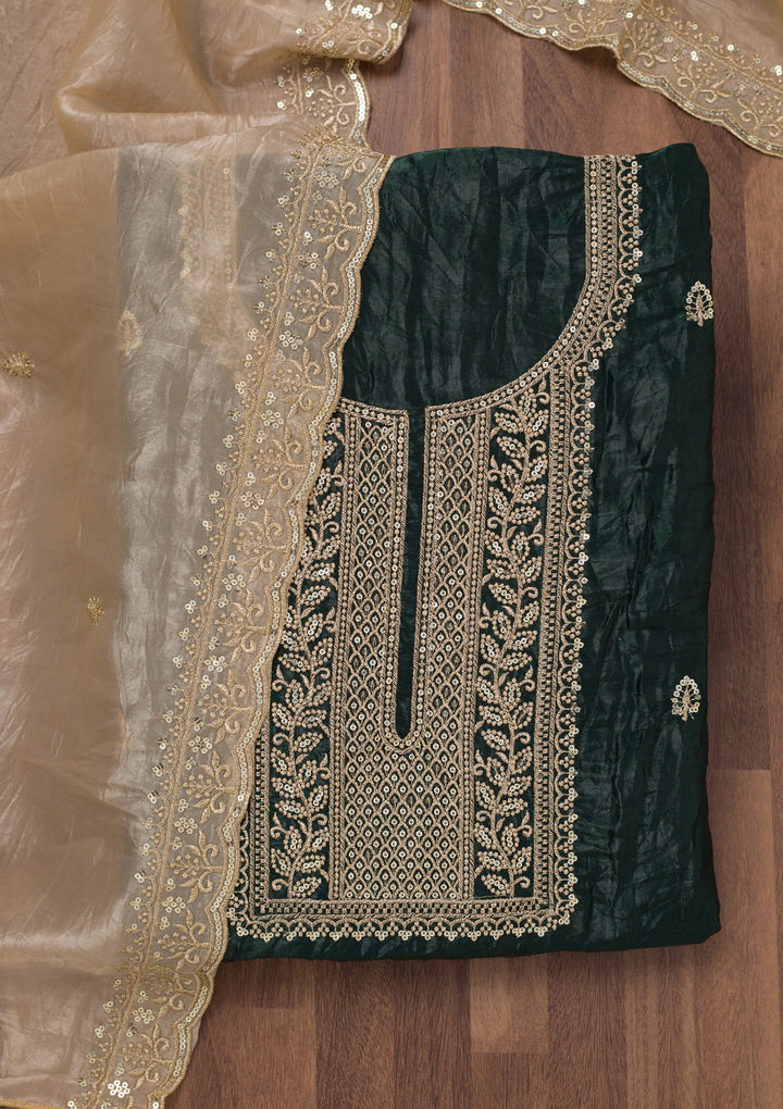Bottle Green Threadwork Semi Crepe Unstitched Salwar Suit