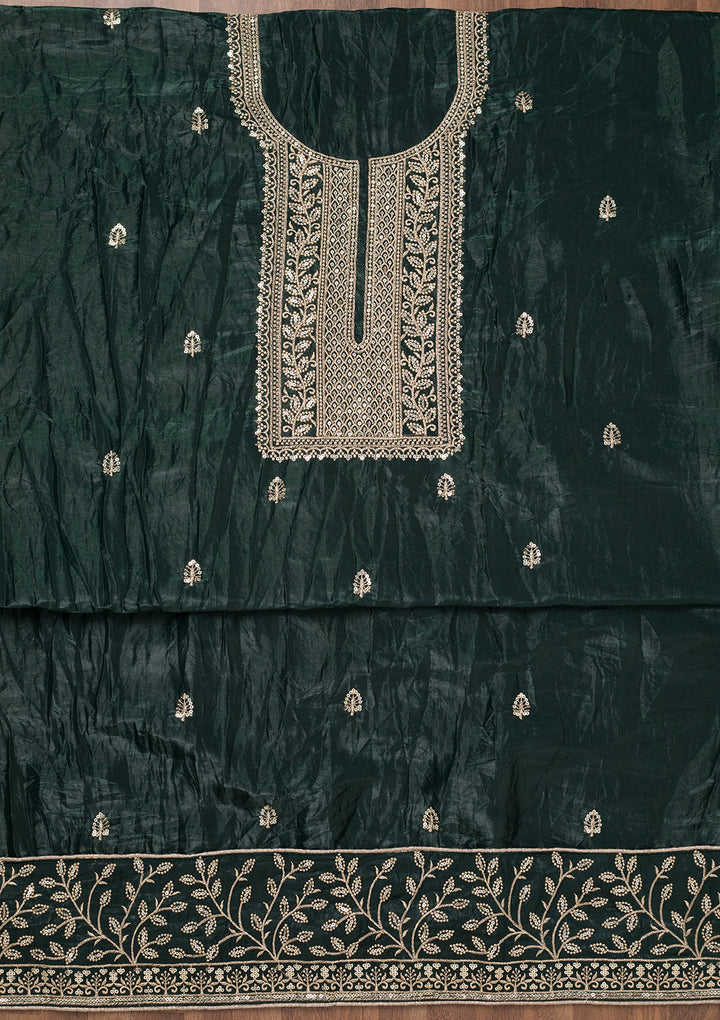 Bottle Green Threadwork Semi Crepe Unstitched Salwar Suit