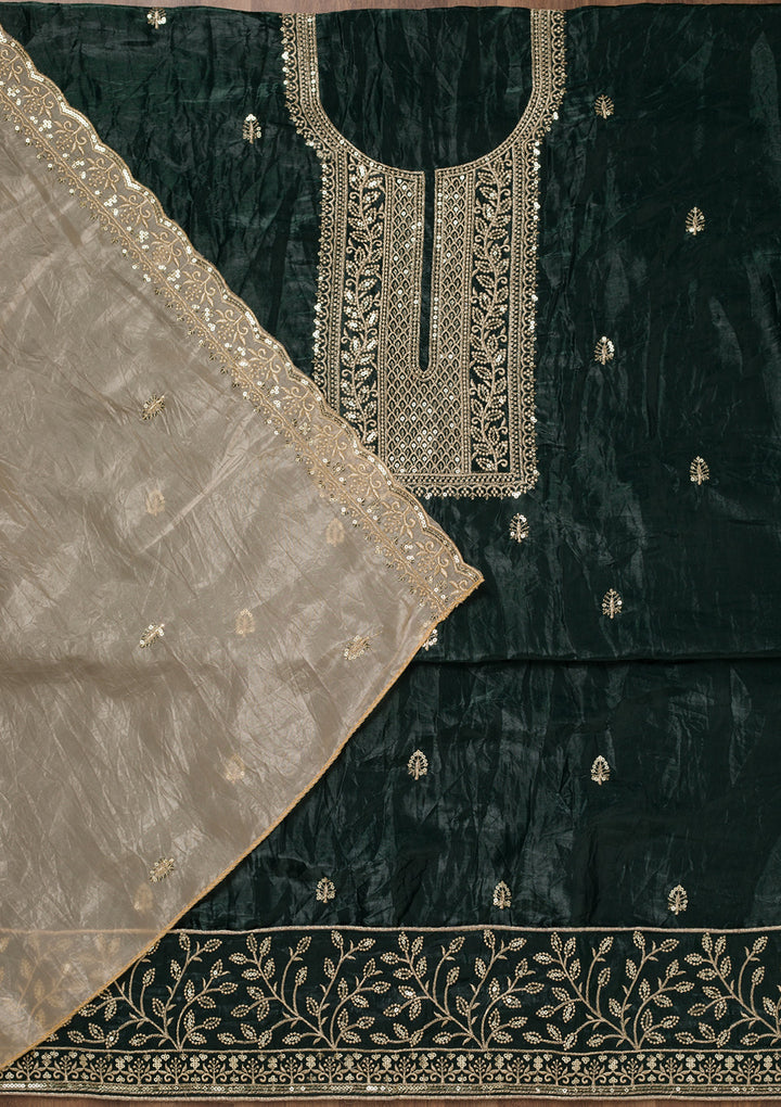 Bottle Green Threadwork Semi Crepe Unstitched Salwar Suit