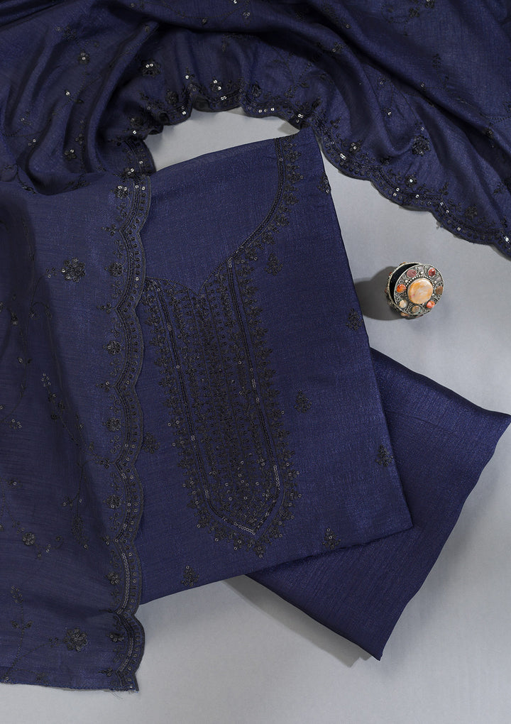 Navy Blue Threadwork Tissue Unstitched Salwar Suit