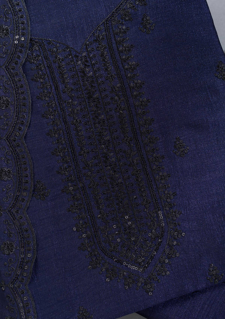 Navy Blue Threadwork Tissue Unstitched Salwar Suit