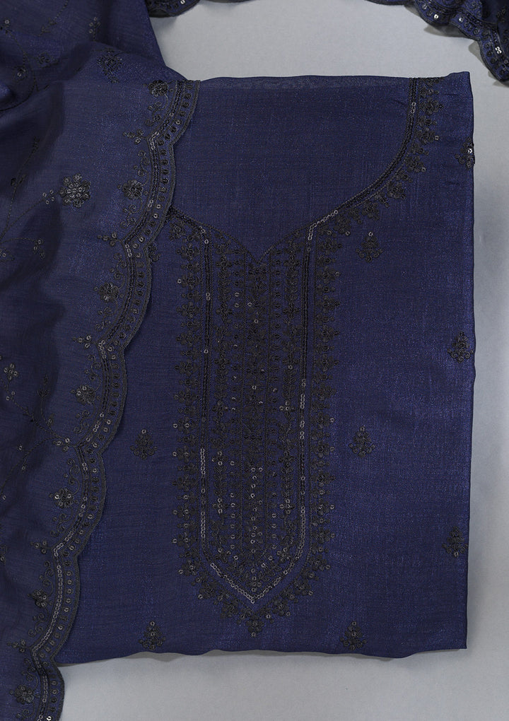 Navy Blue Threadwork Tissue Unstitched Salwar Suit